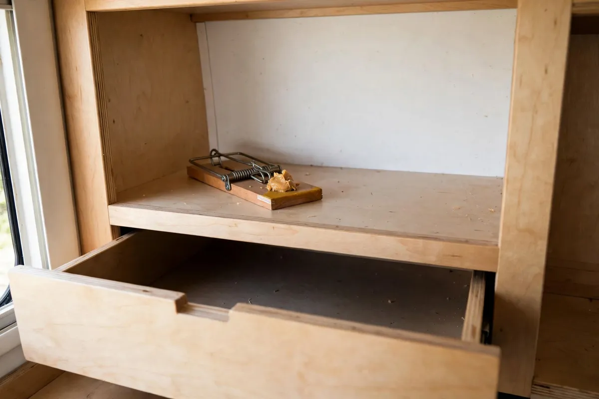 Mice in a Truck Camper - How They Get In, the Damage They Do, and How to Keep Them Out 5 Snap trap baited with peanut butter inside a clean camper cabinet