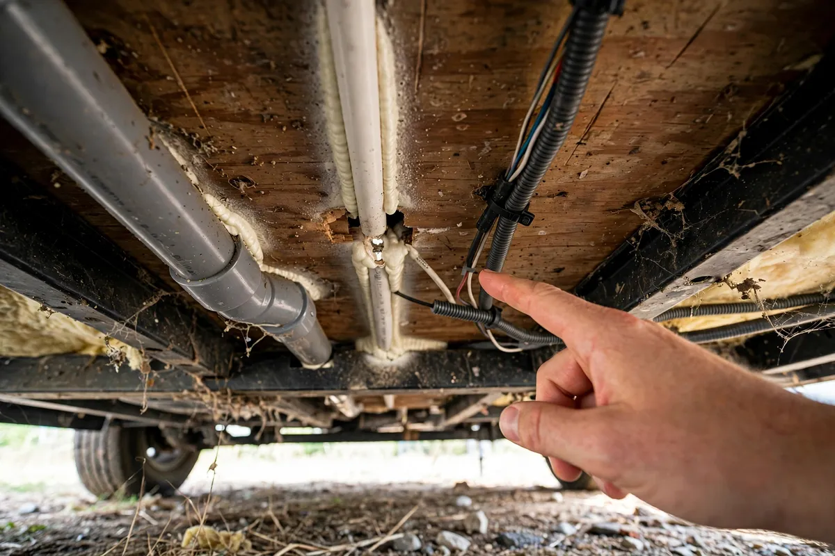 Mice in a Truck Camper - How They Get In, the Damage They Do, and How to Keep Them Out 2 Hand pointing to a gap around plumbing pipes under a truck camper