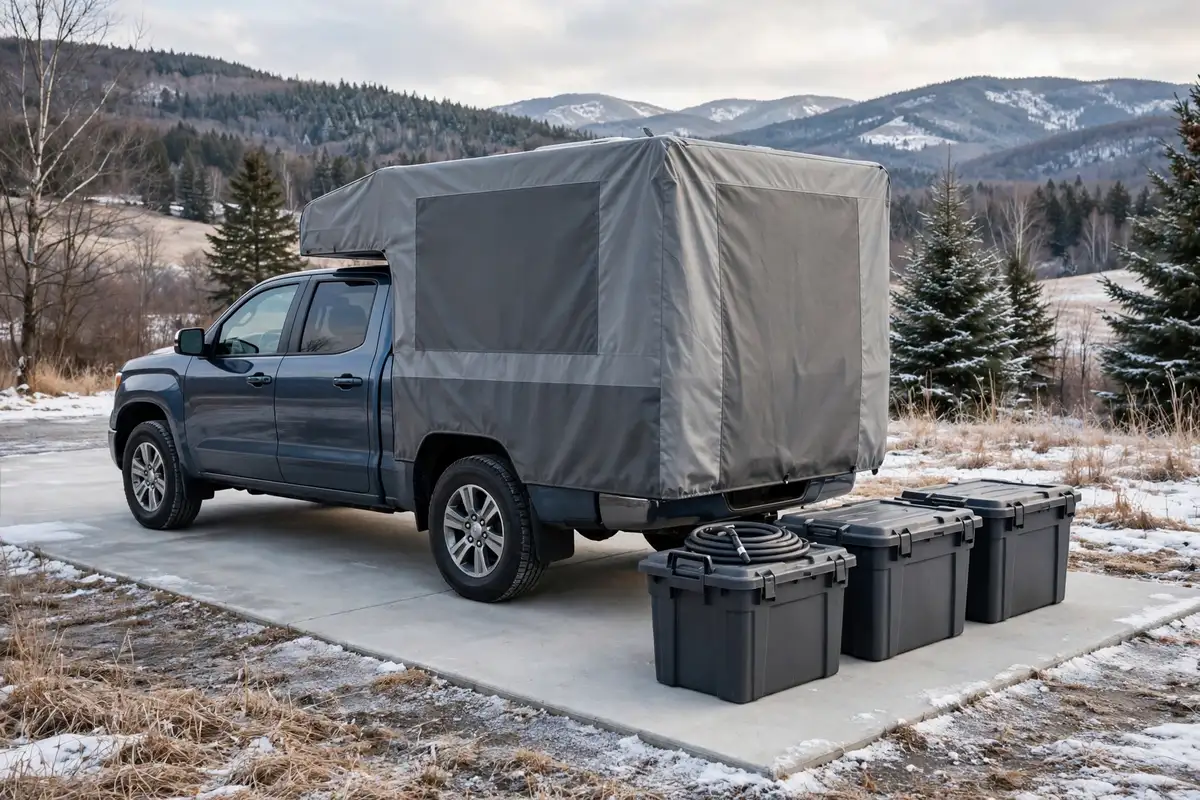 Mice in a Truck Camper - How They Get In, the Damage They Do, and How to Keep Them Out 7 Truck camper in winter storage on a concrete pad with sealed storage bins beside it