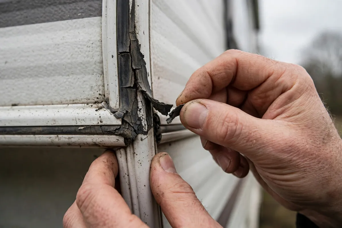 Hands lifting a split edge of cracked sealant along a truck camper cabover corner molding
