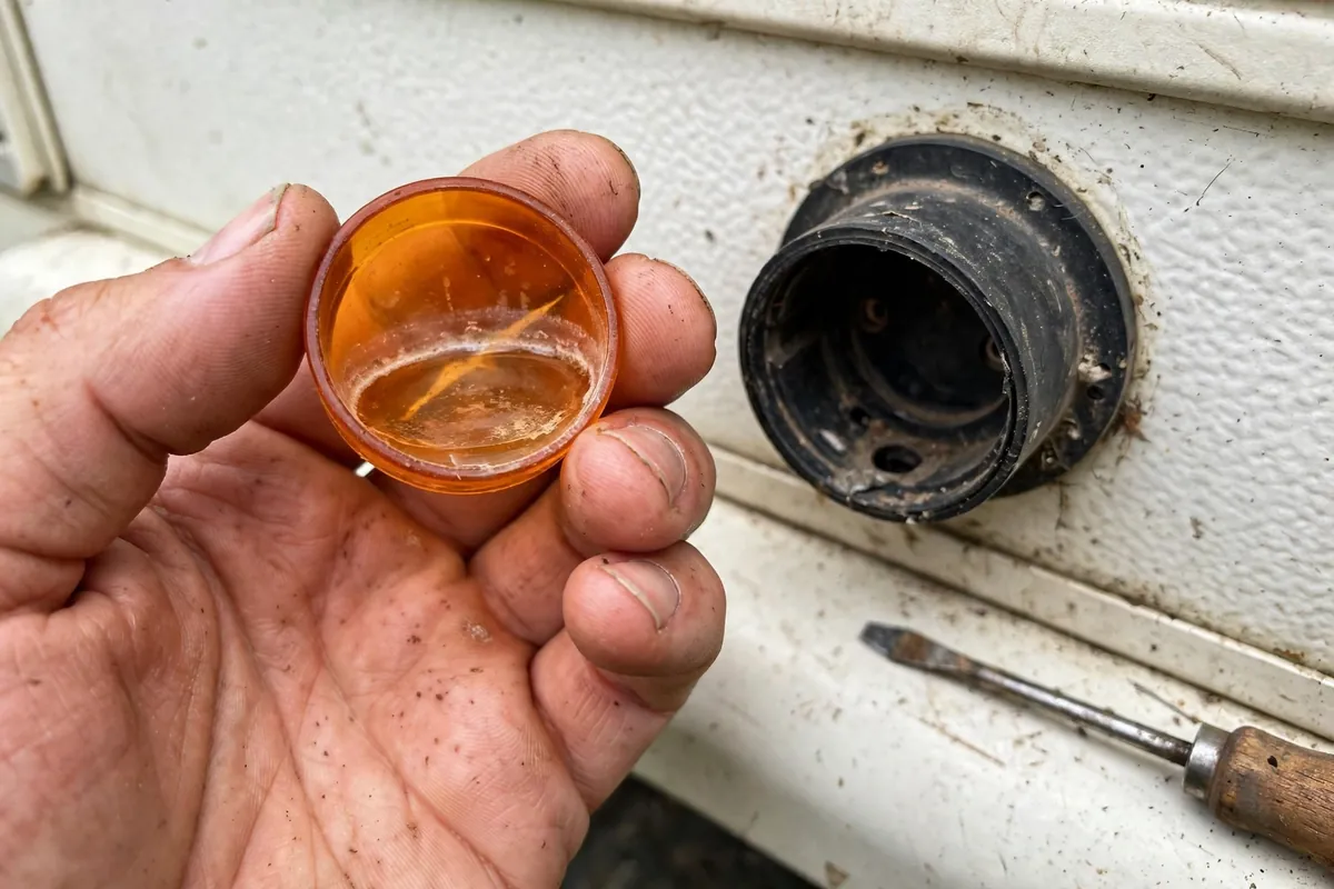 Amber clearance light lens held in an open palm beside its empty base on a camper front wall