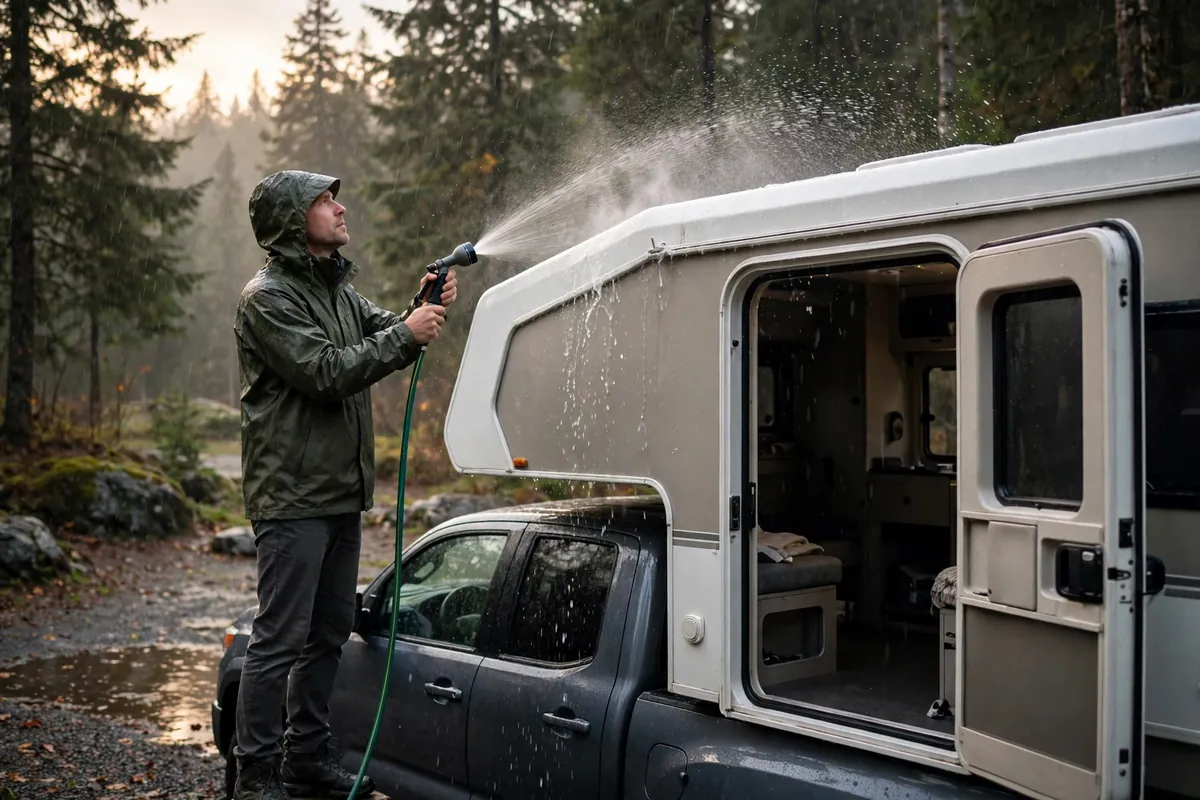 Person gently showering one section of a truck camper roof with a garden hose during a leak test