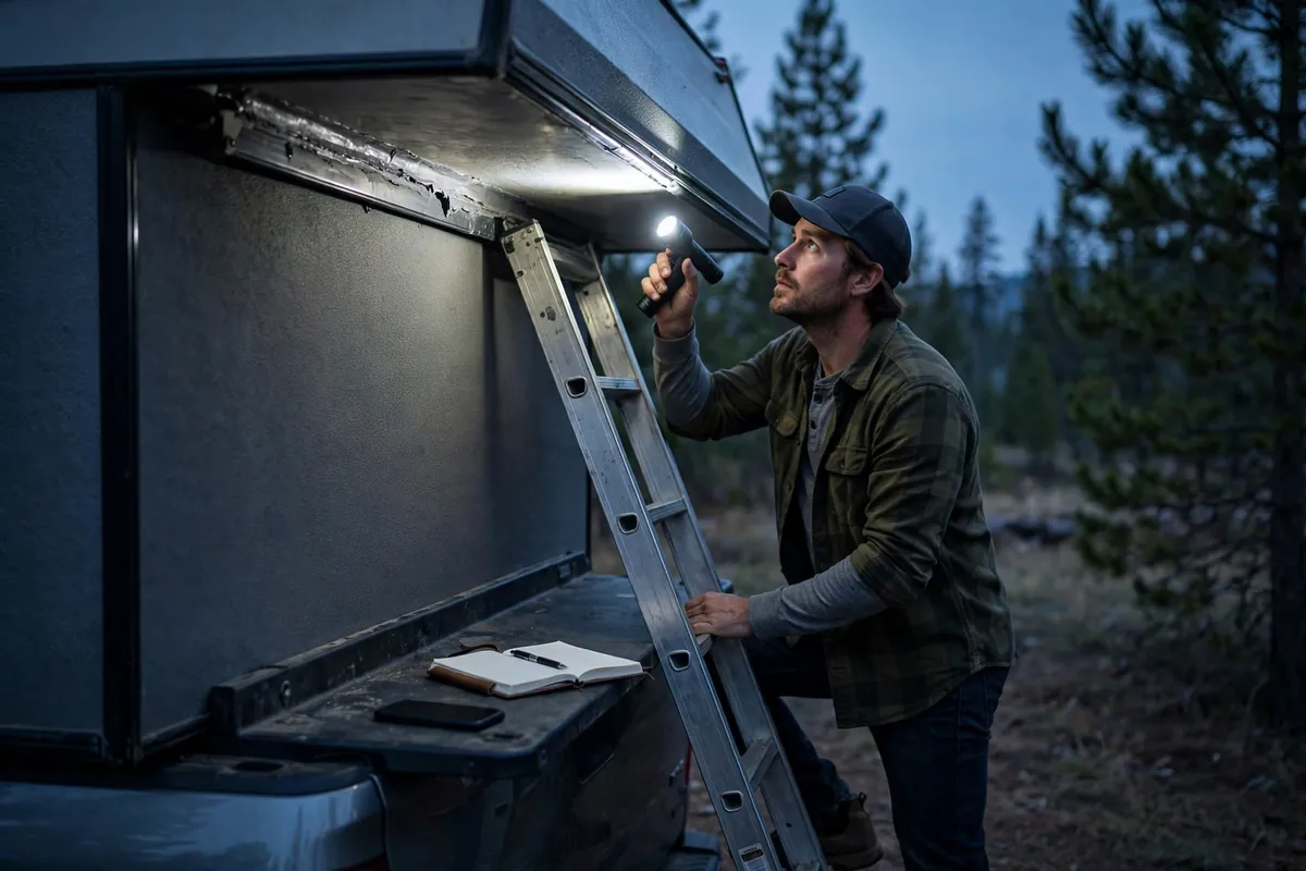 Owner on a ladder inspecting a truck camper roof edge seam with a flashlight at dusk
