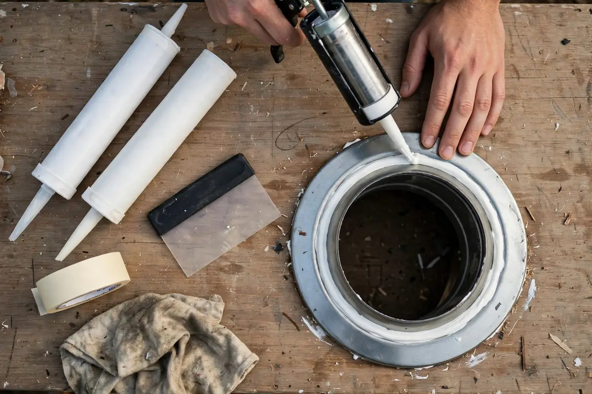 Hands applying a smooth bead of white lap sealant around a cleaned roof vent flange on a workbench