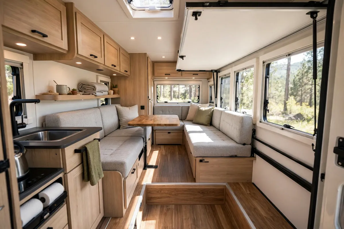 Truck Camper Slide-Out Problems: The Honest Reliability Guide 7 Bright truck camper interior with slide-out extended showing a face-to-face dinette and open floor space