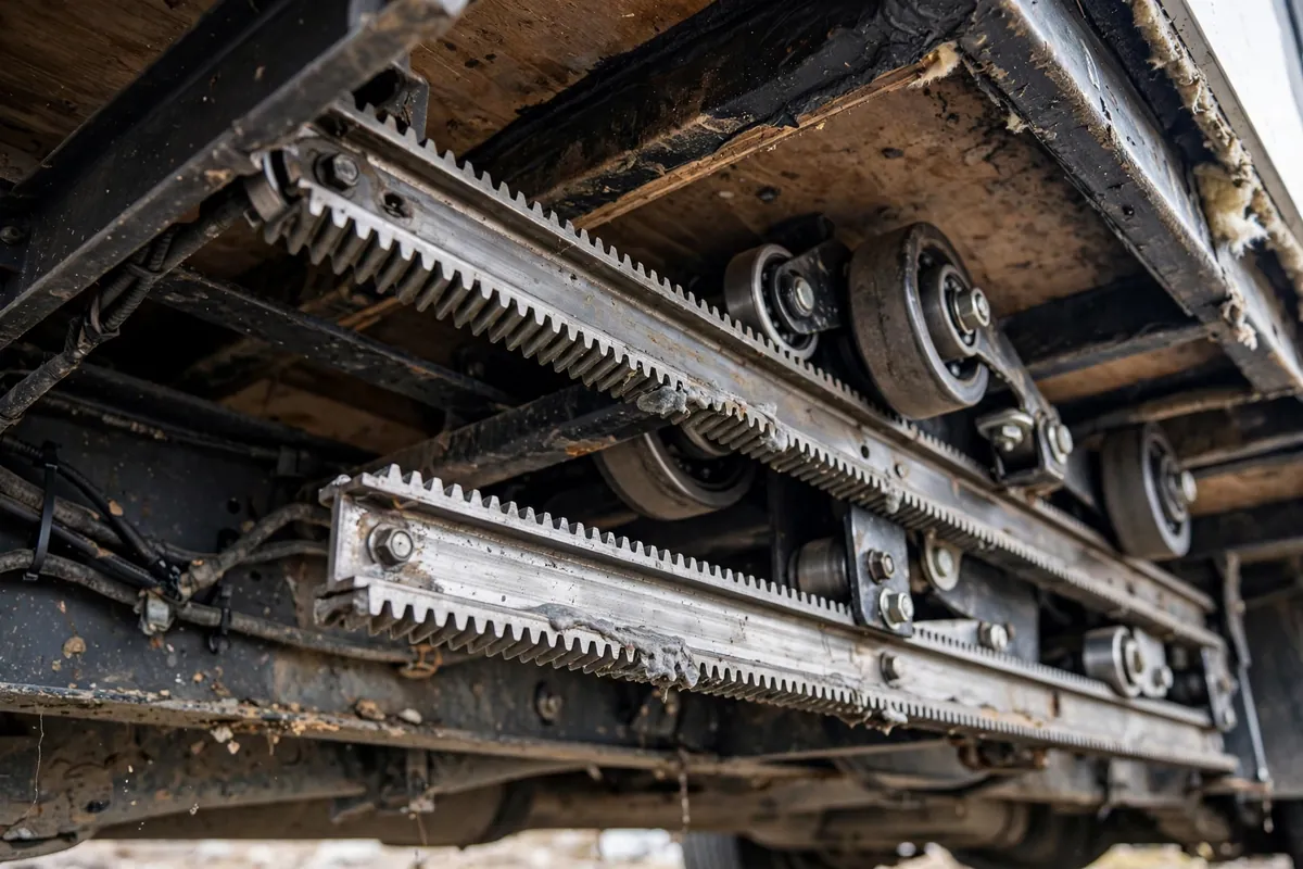 Truck Camper Slide-Out Problems: The Honest Reliability Guide 2 Close-up of steel gear rails and rollers under an extended truck camper slide-out room