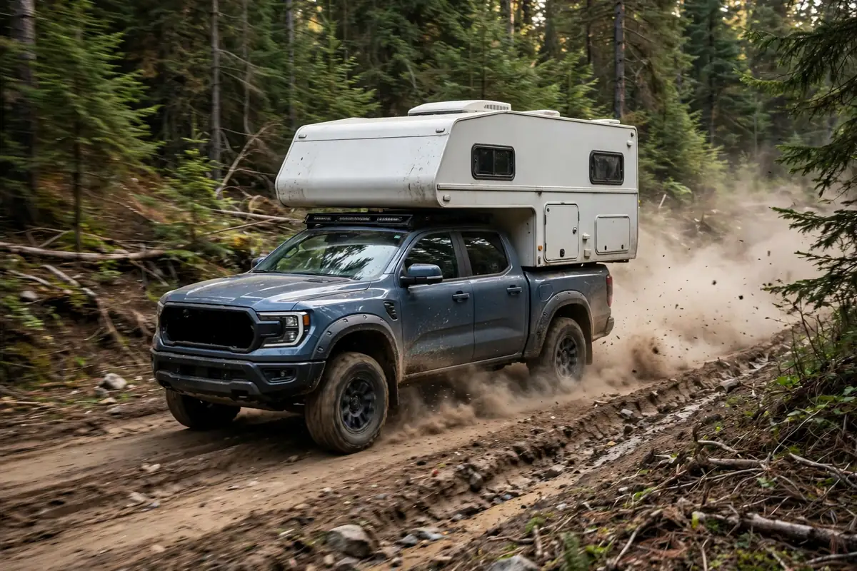 Truck Camper Slide-Out Problems: The Honest Reliability Guide 5 Truck camper with slide-out fully retracted driving down a rutted dirt forest road with dust kicking up