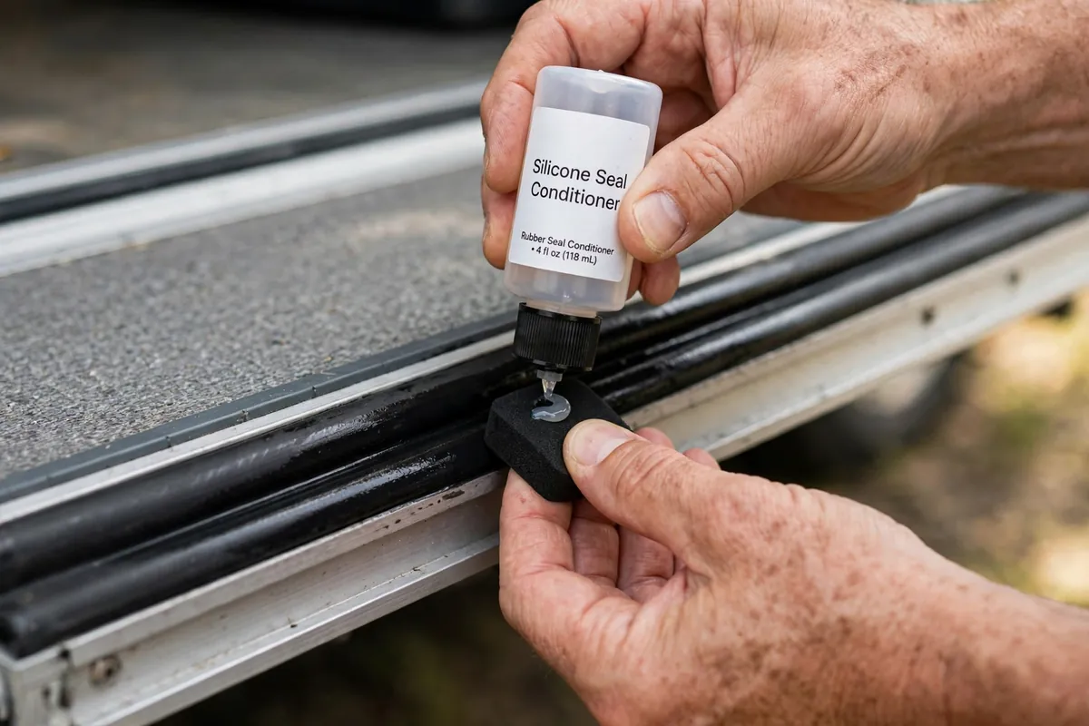 Truck Camper Slide-Out Problems: The Honest Reliability Guide 6 Owner's hands applying silicone seal conditioner to the rubber seals of an extended truck camper slide-out