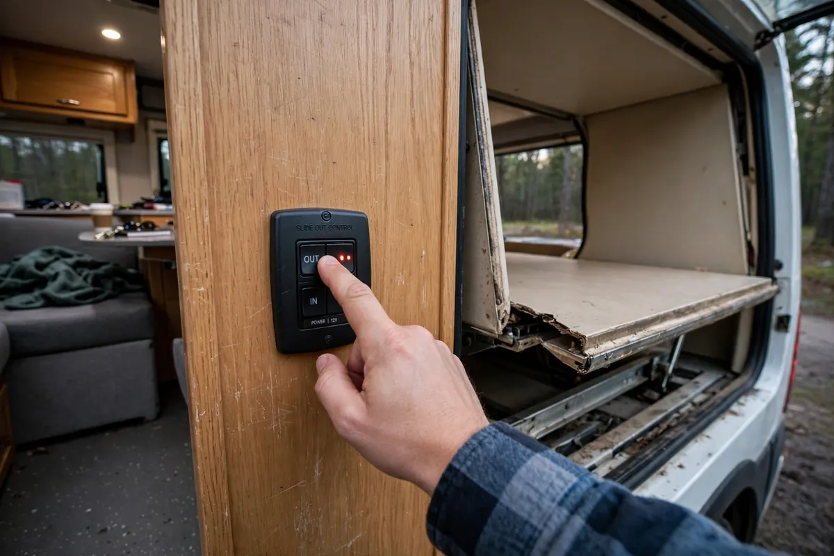 Truck Camper Slide-Out Problems: The Honest Reliability Guide 3 Owner pressing the slide-out control switch while the truck camper slide room sits half-extended and crooked
