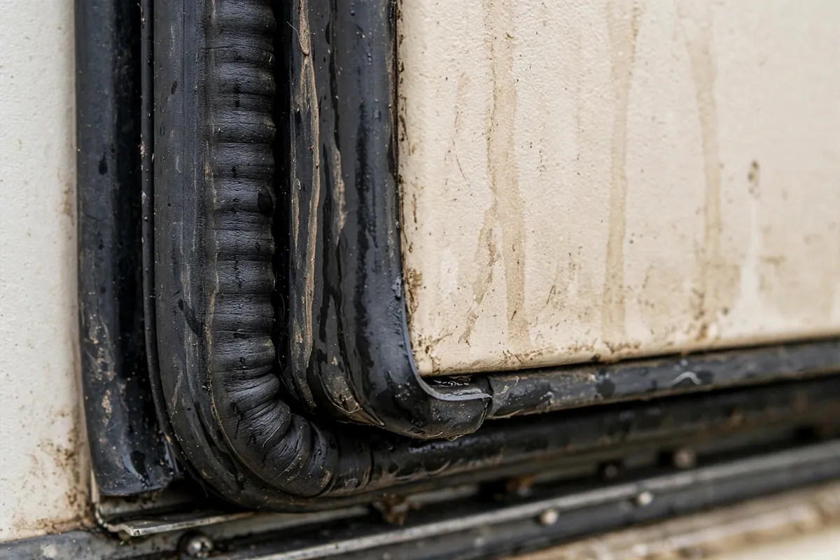 Truck Camper Slide-Out Problems: The Honest Reliability Guide 4 Close-up of black rubber wiper seals around a truck camper slide-out opening with slight water staining