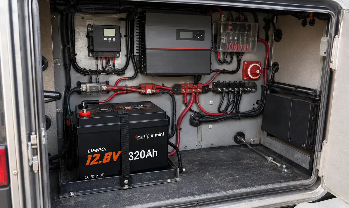 Truck Camper Solar Panels & Lithium Sizing Guide — How Big a System Do You Actually Need? 4 LiFePO4 lithium battery installed in a camper electrical compartment