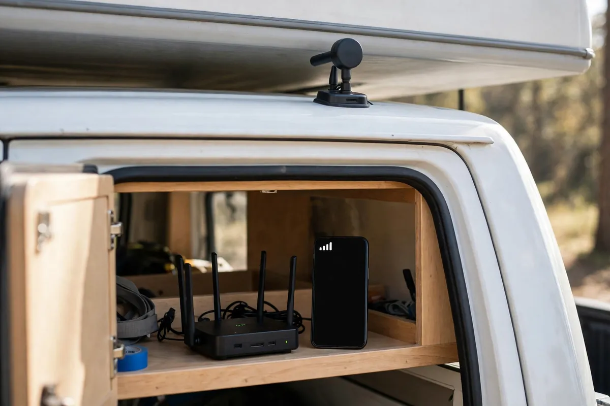 Cellular antenna on a camper roof and a small router with a phone showing a strong signal inside a camper cabinet