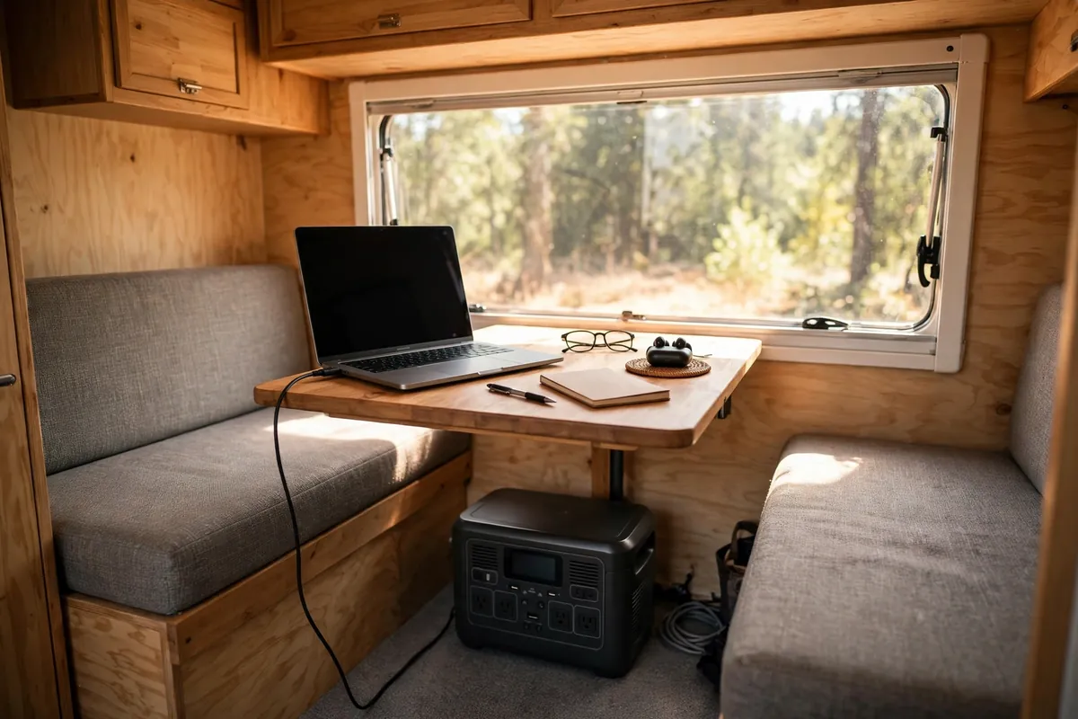 Camper dinette work setup with a laptop and a cable running to a portable power station under the desk