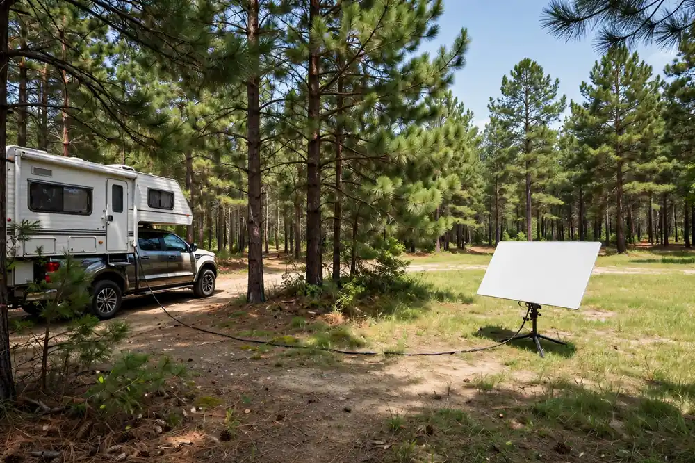 Truck camper at a forest edge with a flat panel satellite antenna moved out into a sunny clearing away from tree canopy