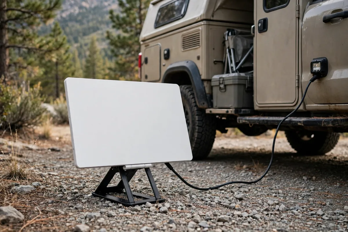 Compact flat panel satellite antenna on a kickstand beside a truck camper with its cable running to the camper