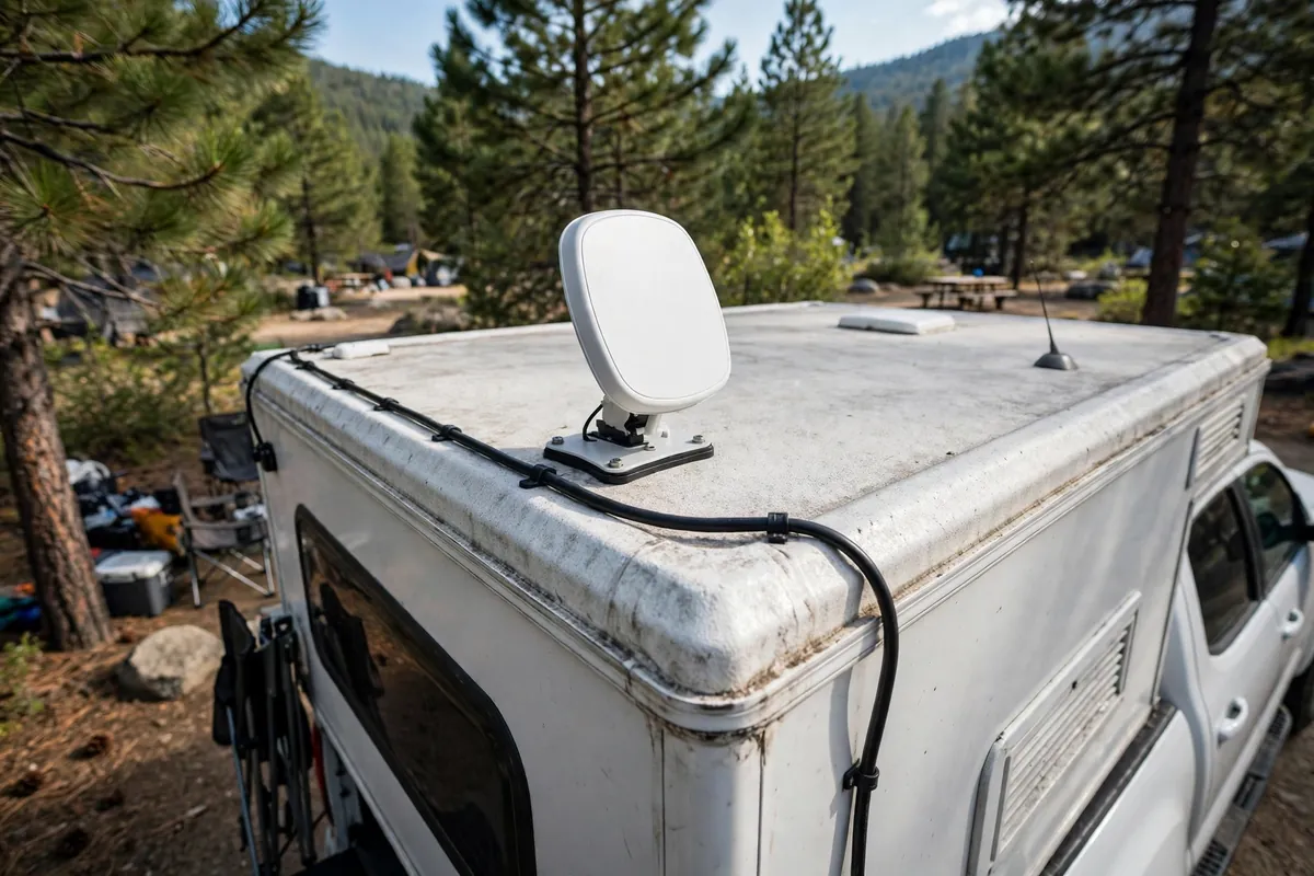 Flat panel satellite antenna on a secure flat mount on a truck camper roof with its cable neatly routed