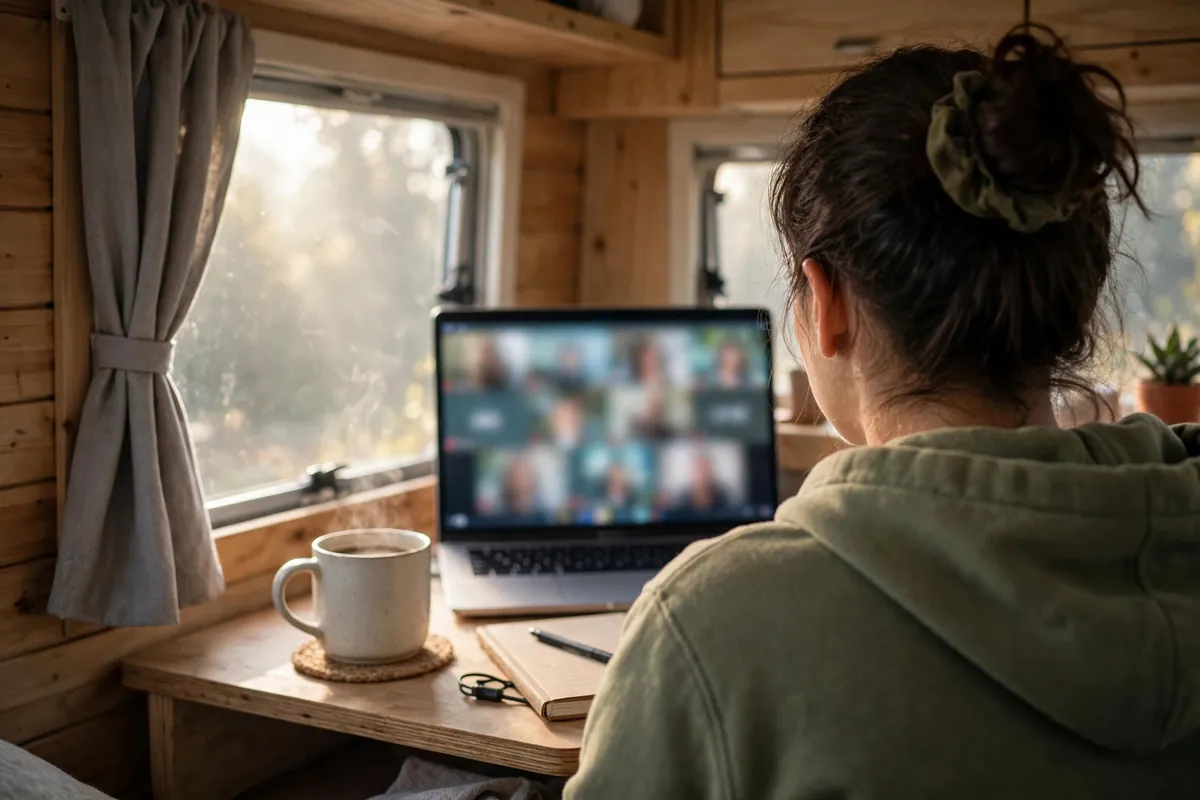Camper owner on a video call at a desk inside a truck camper in morning light with coffee and a notebook