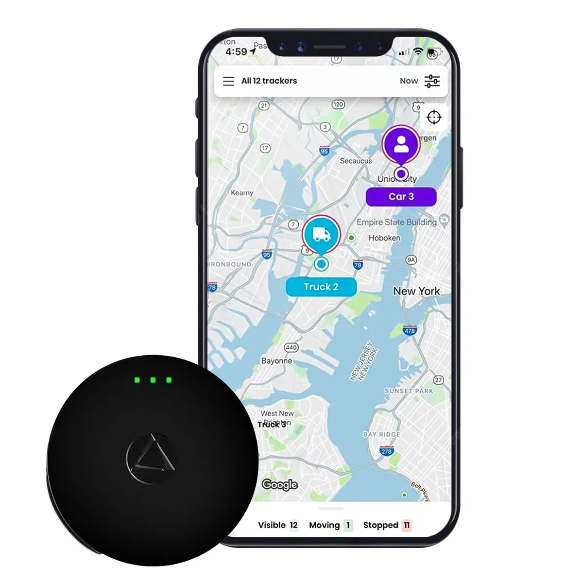 Truck Camper Theft Prevention: A Security Guide That Actually Works 5 A small black magnetic GPS tracker next to a smartphone showing live map tracking