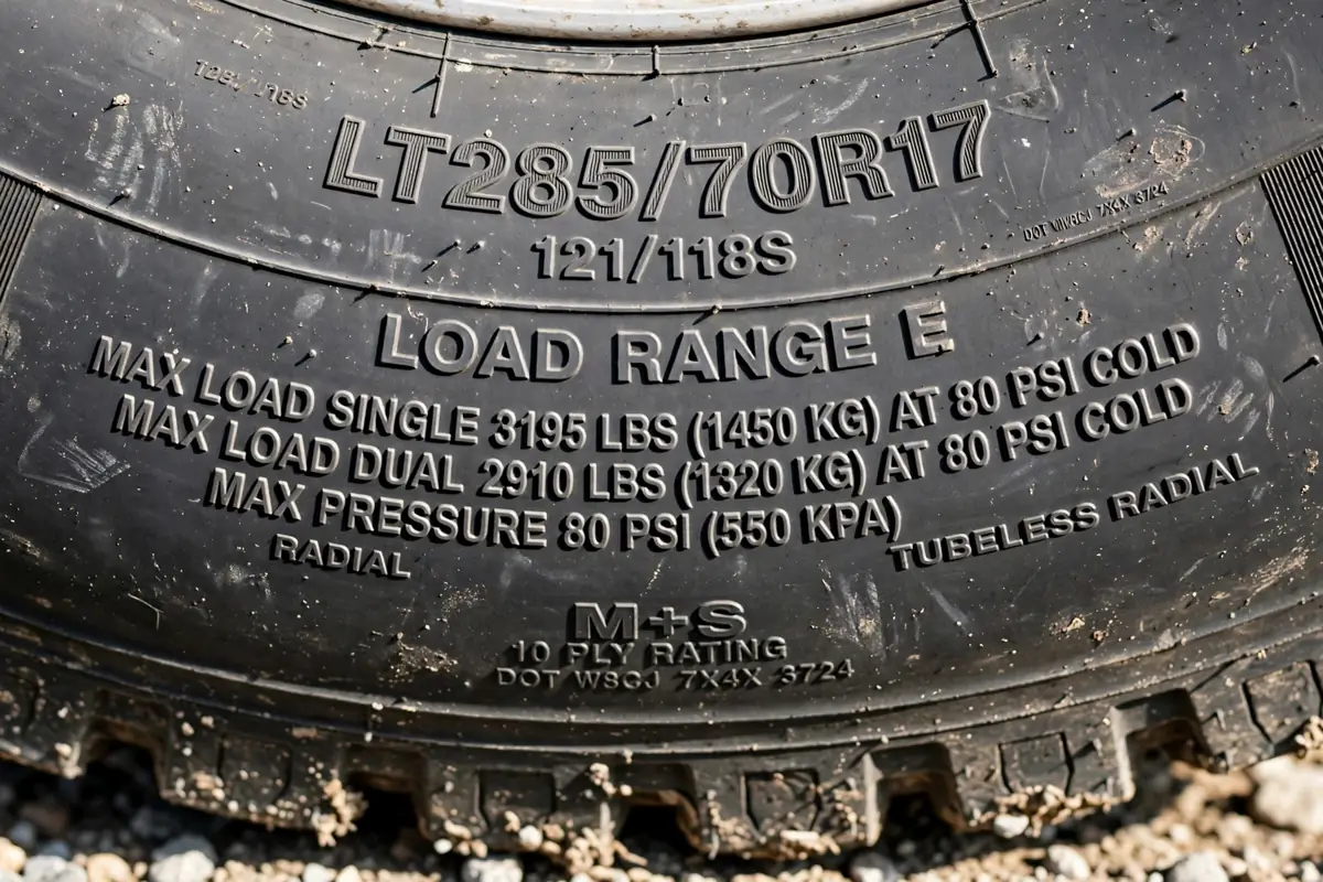 Close-up of a truck tire sidewall showing LT size, load index and load range E markings