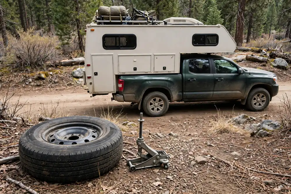Matching full-size spare tire and jack laid out beside a loaded camper truck