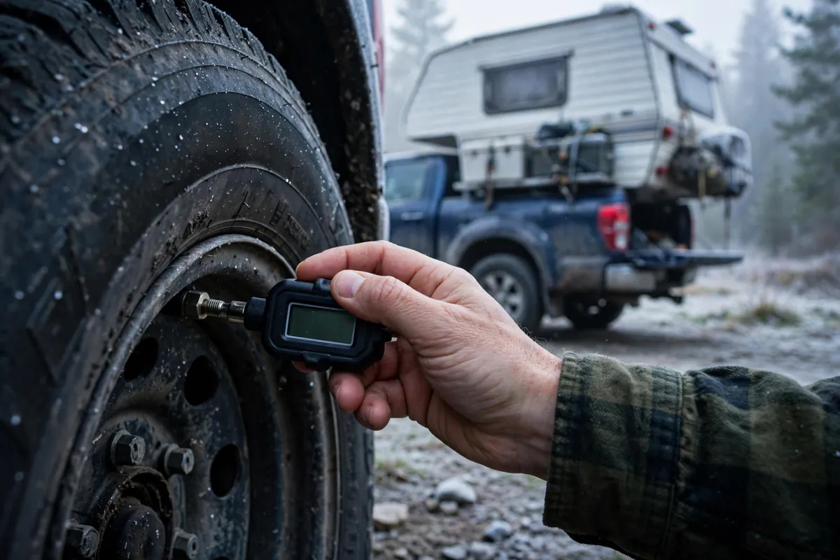 Hand using a digital tire gauge on a rear truck tire in cold morning light with camper loaded
