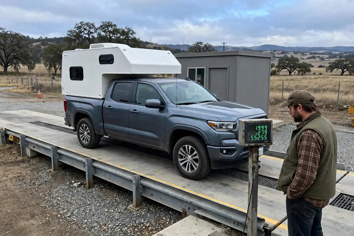 Pickup with slide-in truck camper on a truck scale while driver checks axle weights