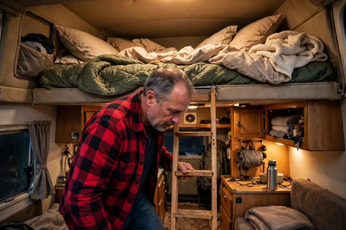 Truck Camper vs Travel Trailer for Couples: The Space Fight Settled 5 Camper owner climbing down a ladder from the overhead cabover bed