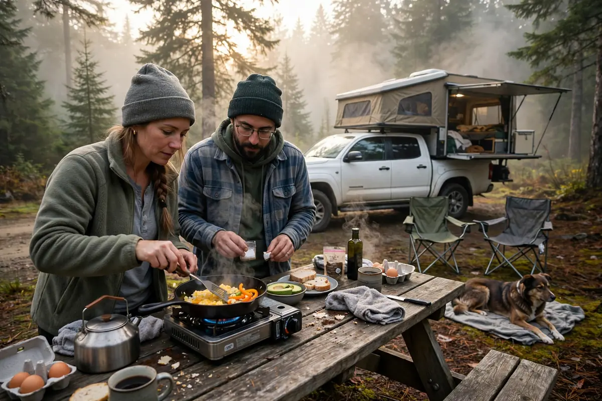 Truck Camper vs Travel Trailer for Couples: The Space Fight Settled 6 Couple cooking breakfast on a camp stove outside their truck camper at sunrise with dog nearby