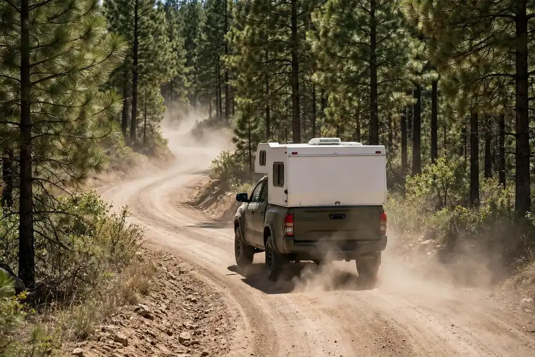 Truck Camper vs Travel Trailer for Couples: The Space Fight Settled 7 Truck with hard-side truck camper driving a winding dirt forest road