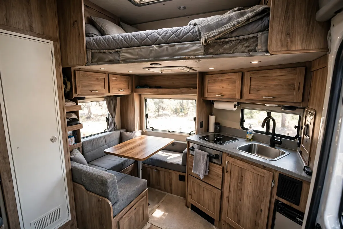 Truck Camper vs Travel Trailer for Couples: The Space Fight Settled 3 Wide-angle view of a truck camper interior with cabover bed, kitchen, dinette and bathroom door