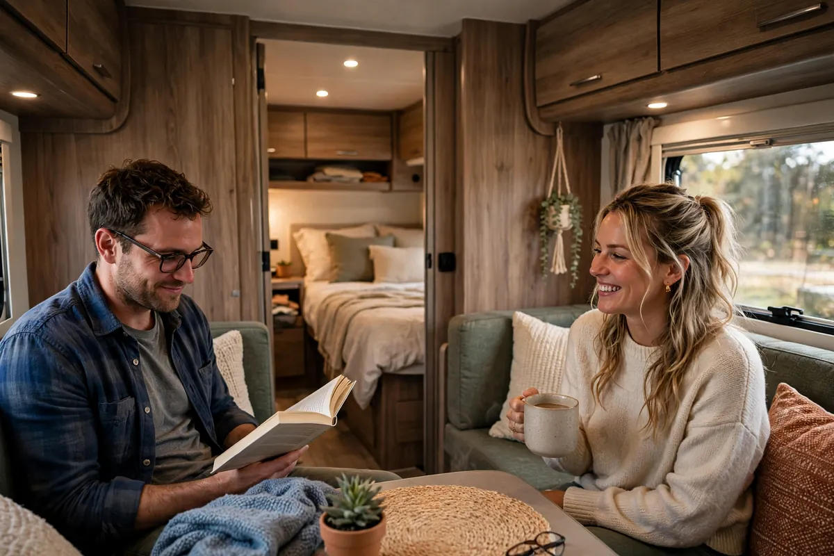 Truck Camper vs Travel Trailer for Couples: The Space Fight Settled 8 Happy couple relaxing at the dinette inside a spacious travel trailer with bedroom visible