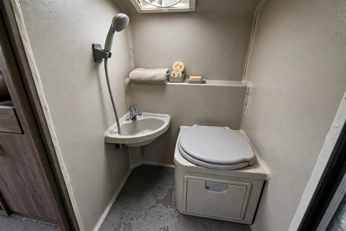 Truck Camper vs Travel Trailer for Couples: The Space Fight Settled 4 Compact truck camper wet bath with toilet, sink and showerhead in one fiberglass room