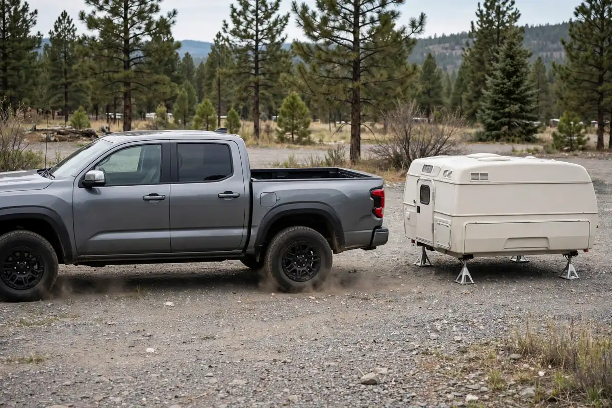 Truck Camper vs Van Life: An Honest Comparison From Someone Who's Done Both 3 Pickup truck parked beside its slide-in truck camper resting on corner jacks