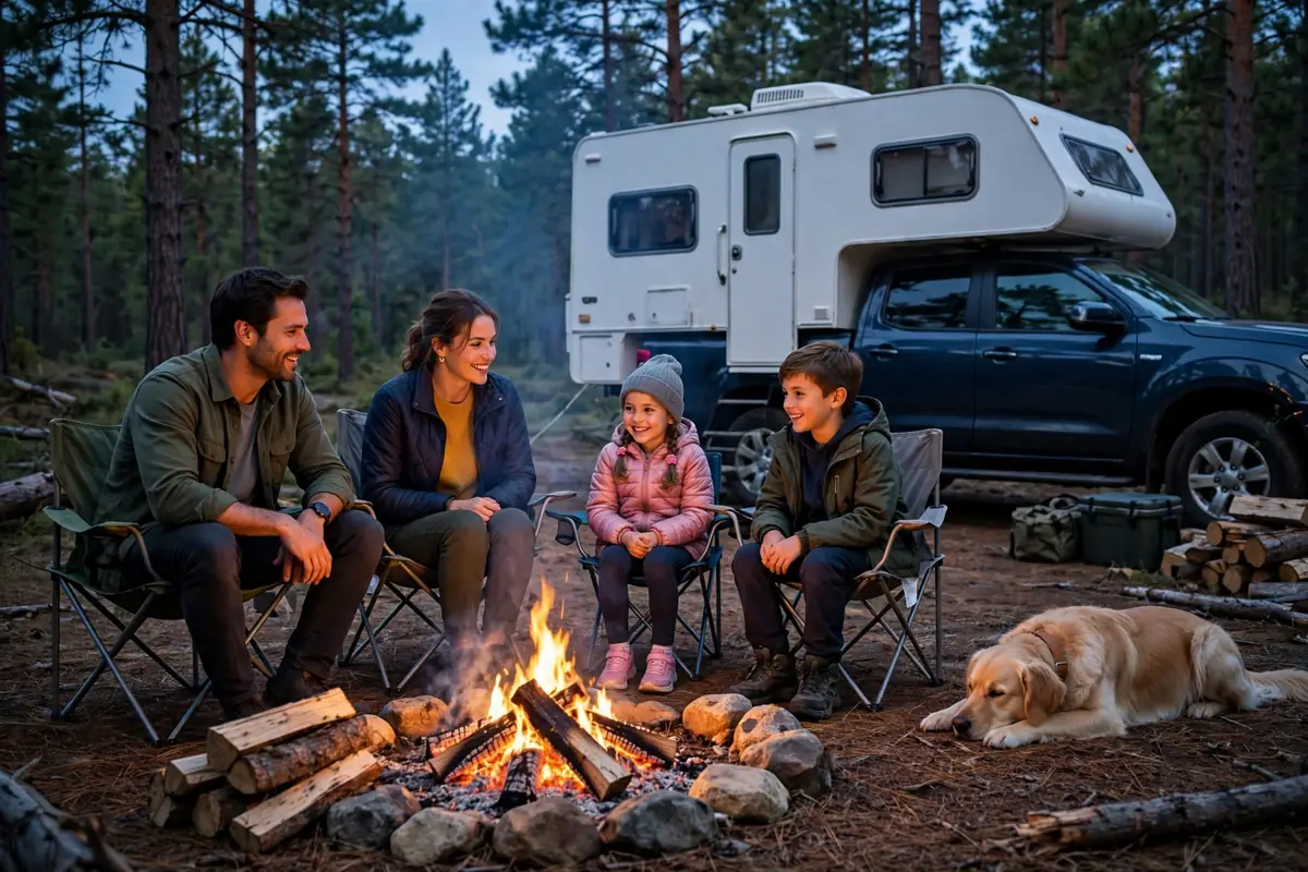Truck Camper vs Van Life: An Honest Comparison From Someone Who's Done Both 7 Family with two kids and a dog around a campfire by a truck with a slide-in camper