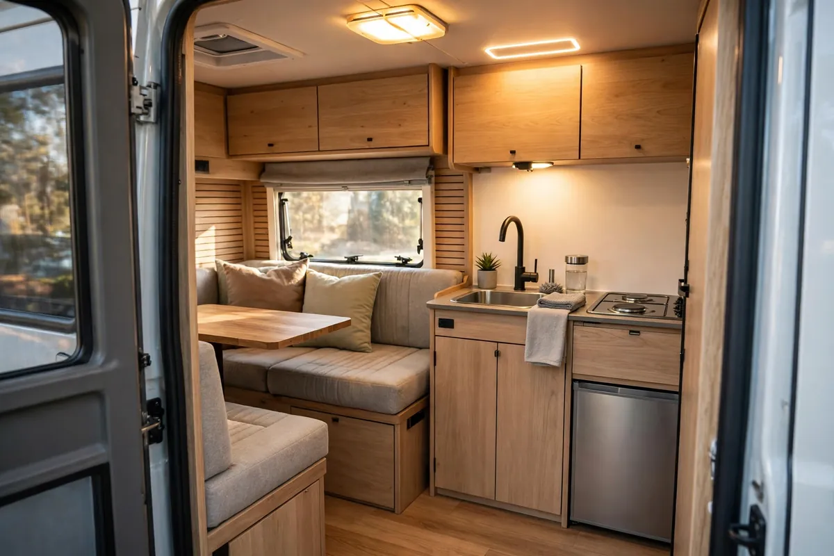 Truck Camper vs Van Life: An Honest Comparison From Someone Who's Done Both 2 Modern truck camper kitchen and dinette interior with warm lighting