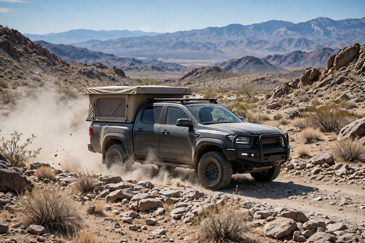 Truck Camper vs Van Life: An Honest Comparison From Someone Who's Done Both 6 4x4 pickup with a pop-up truck camper driving a rocky desert trail