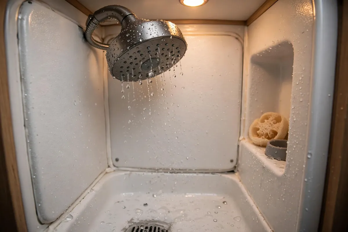 Truck Camper vs Van Life: An Honest Comparison From Someone Who's Done Both 4 Small wet-bath shower inside a truck camper with water droplets on the showerhead