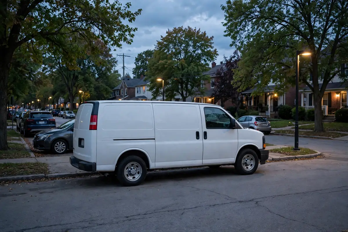 Truck Camper vs Van Life: An Honest Comparison From Someone Who's Done Both 5 Plain white cargo van parked on a quiet city street at dusk