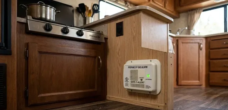Unbiased Winter Heating Guide: Truck Camper Heater — Diesel vs Propane vs Electric 7 Propane/LP gas alarm mounted on the interior wall of an RV kitchen