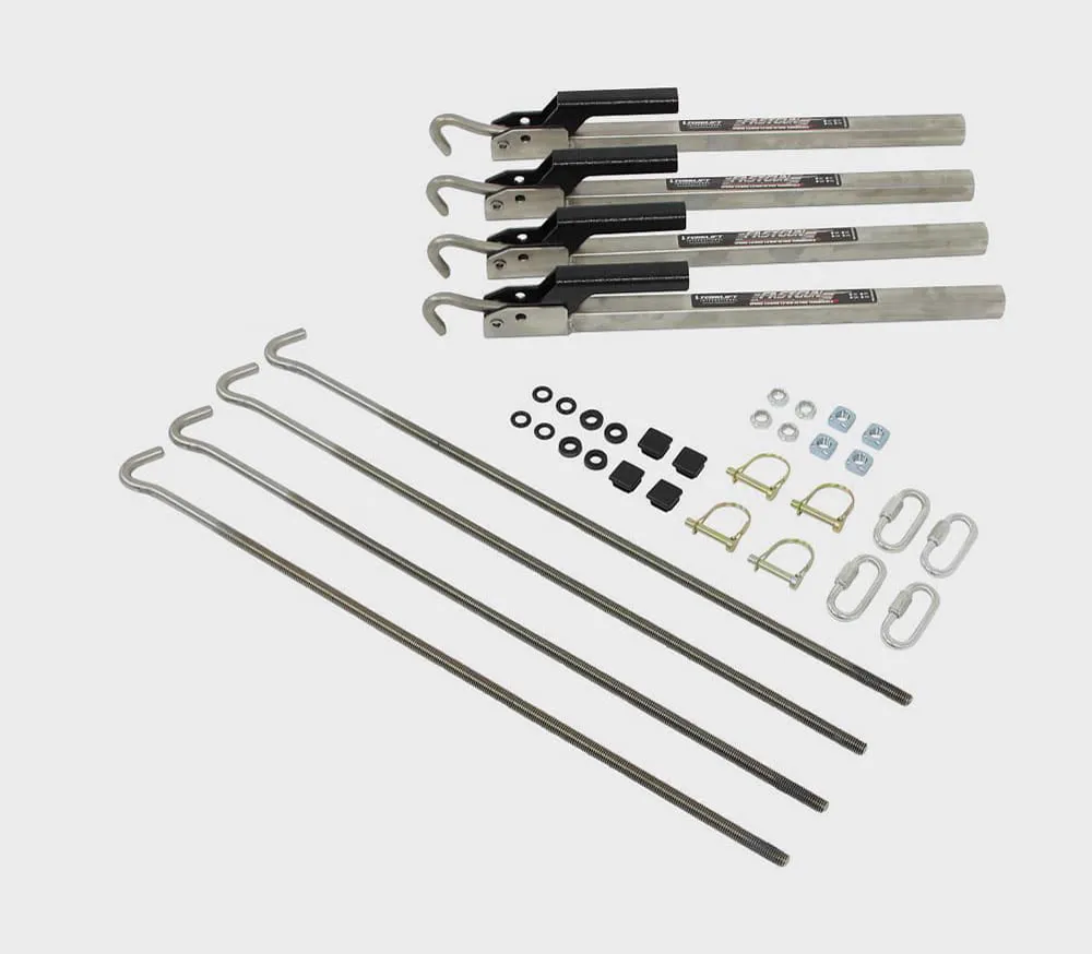 Stainless steel FastGun turnbuckles and mounting hardware for securing a truck camper to frame-mounted tie-downs.