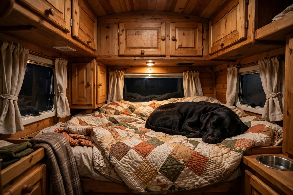 Large black dog curled up asleep on the cabover bed inside a cozy truck camper