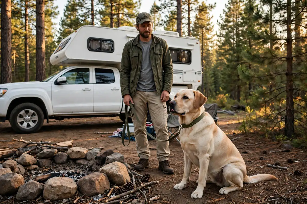Leashed dog sitting calmly at a pine forest campsite next to a truck camper
