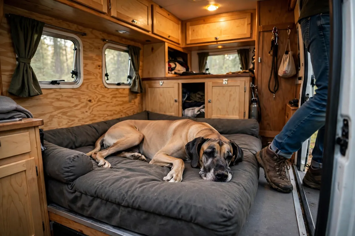 Great Dane on a large dog bed occupying most of the truck camper floor while a person steps around