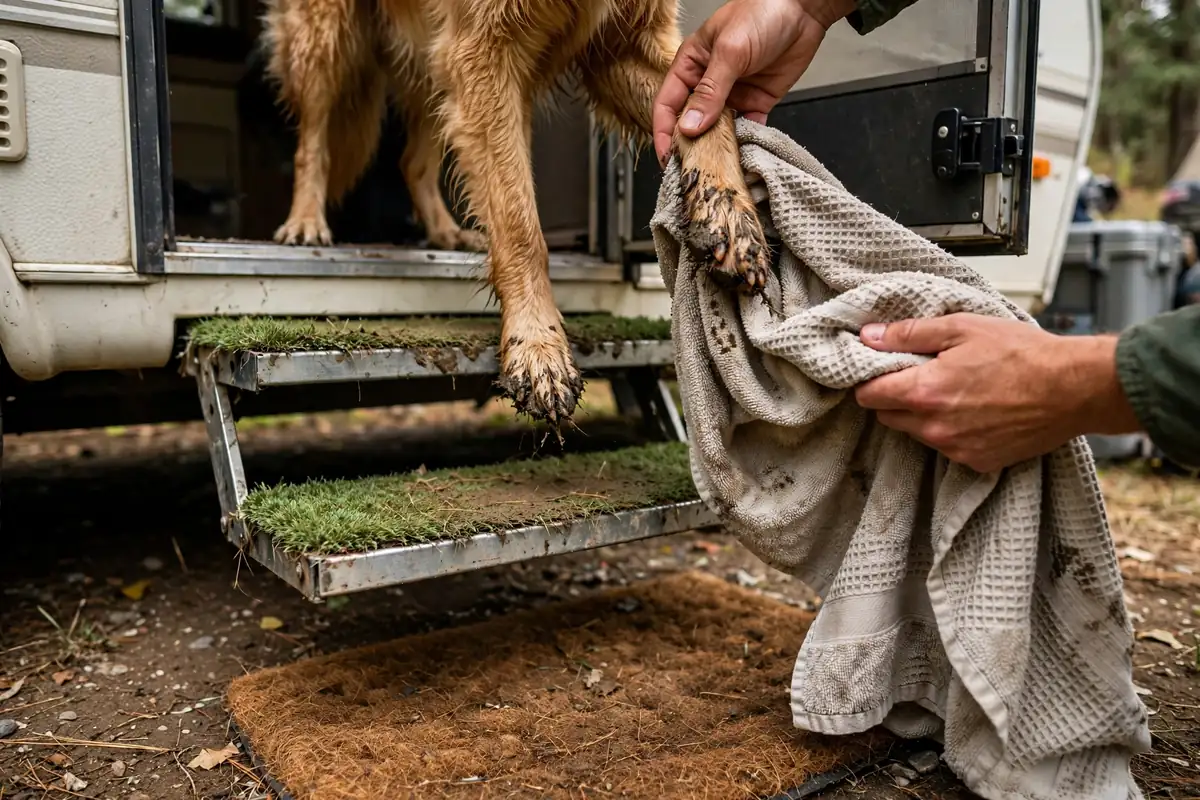 Owner wiping muddy dog paws with a towel on astroturf-covered camper entry steps