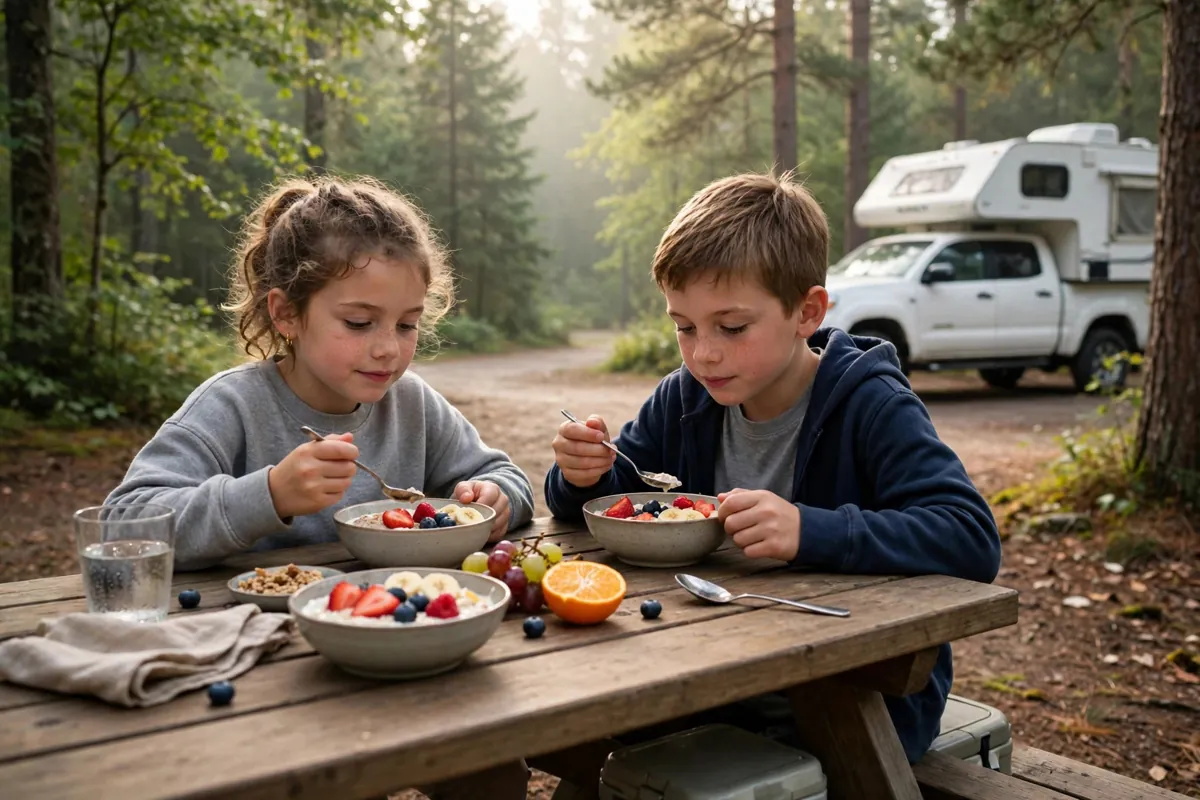 Two kids eating breakfast at a campground picnic table in morning light with truck camper nearby
