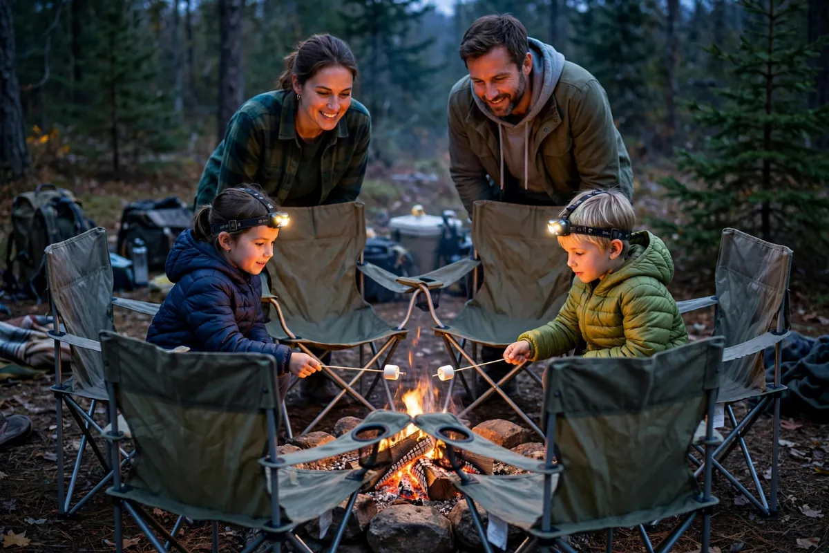 Family around a small campfire with camp chairs marking a safe boundary, kids roasting marshmallows with headlamps