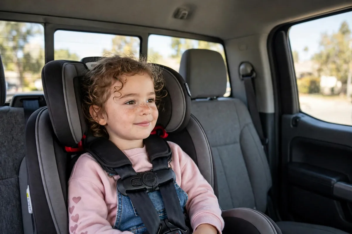 Young child correctly buckled in a car seat in a pickup truck cab