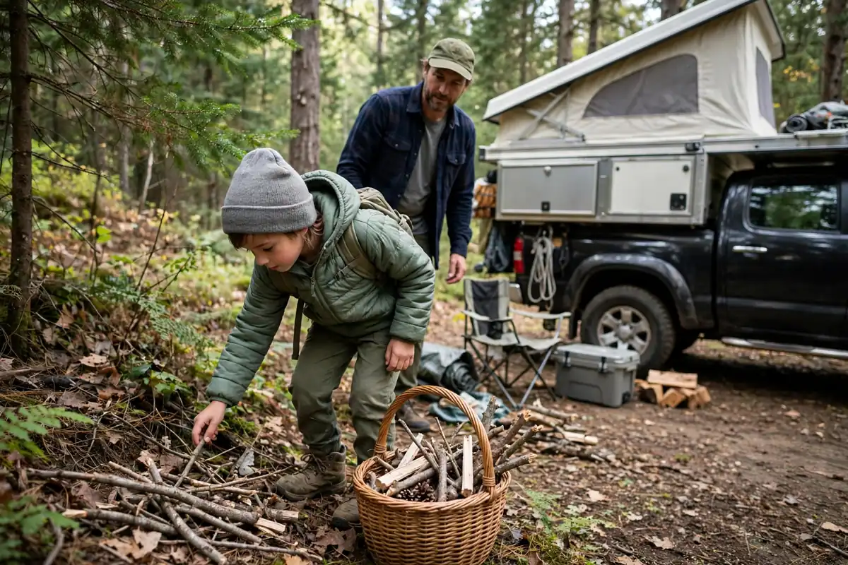 Child collecting kindling sticks into a basket while helping set up camp beside a truck camper
