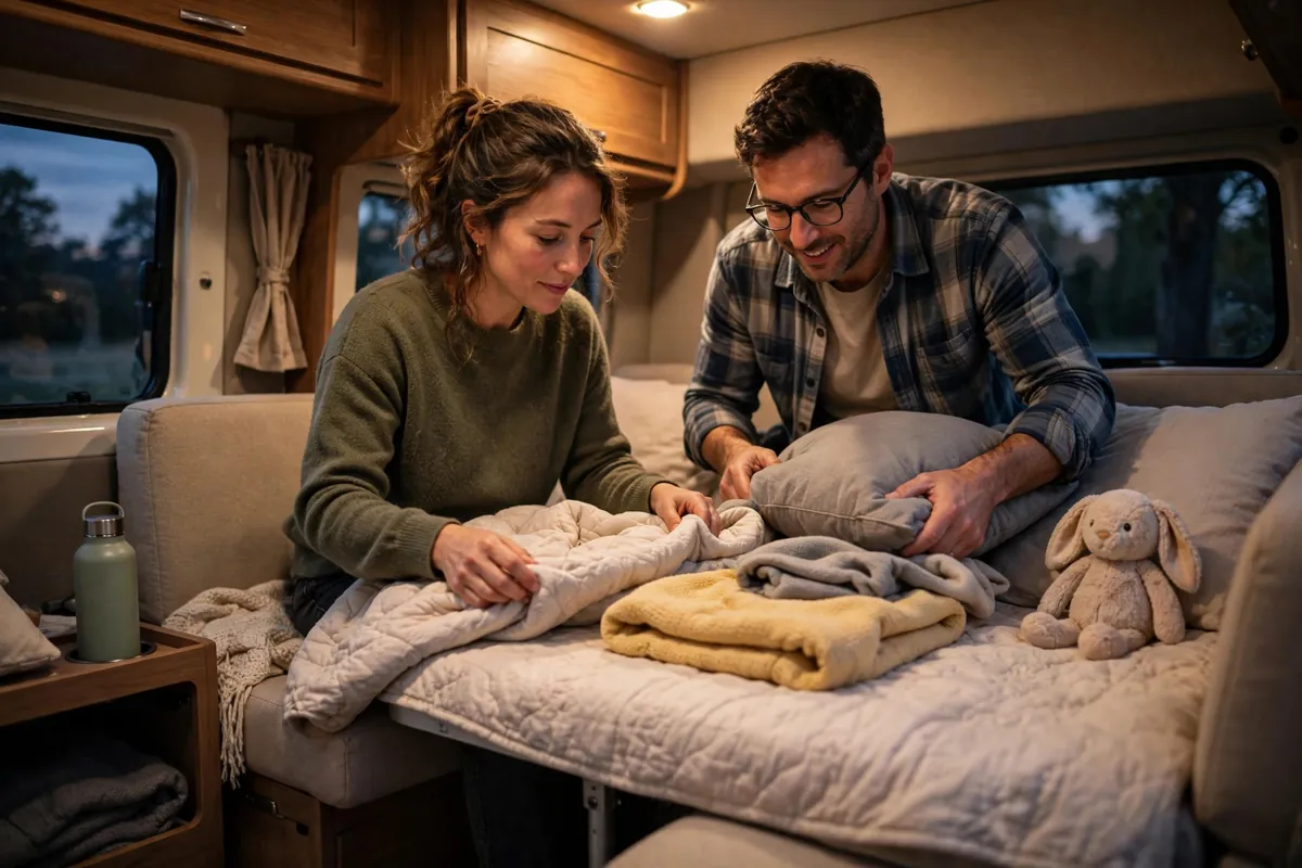 Parents converting a truck camper dinette into a small child bed at dusk