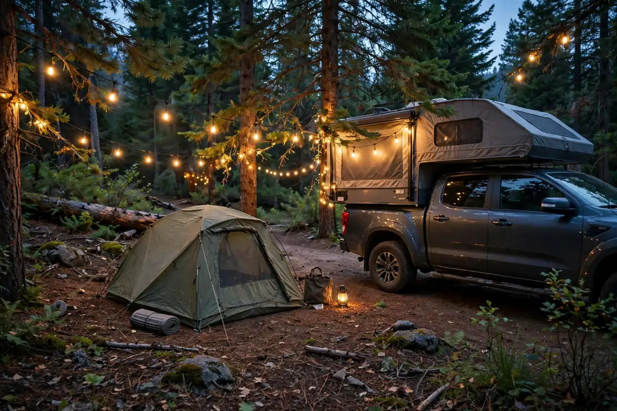 Small tent pitched beside a truck camper at dusk with warm string lights